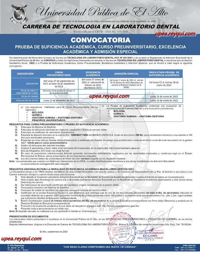 Tecnología en Laboratorio Dental UPEA 2022: Convocatoria a la Prueba de Suficiencia Académica, Curso Preuniversitario, Excelencia Académica y Admisión Especial