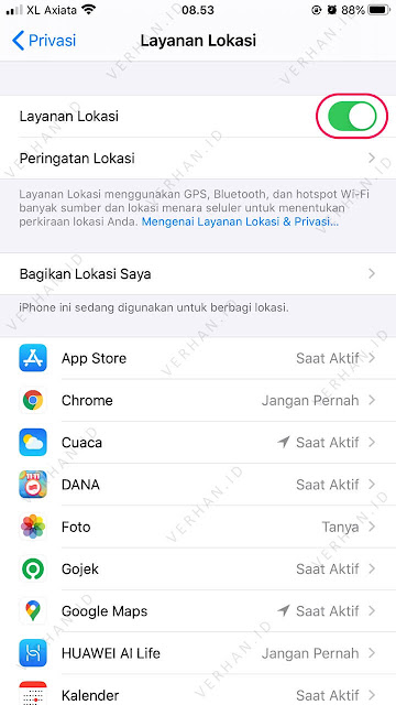 pengaturan lokasi di iphone