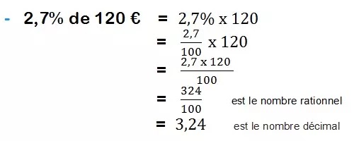 Exprimer par un nombre rationnel puis par un nombre décimal les quantités suivantes 2,7% de 120 €