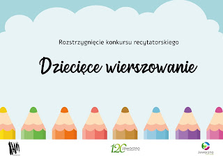 Napis: Rozstrzygnięcie konkursu recytatorskiego Dziecięce wierszowanie. Tło: błękitne. Na dole kolorowe kredki.