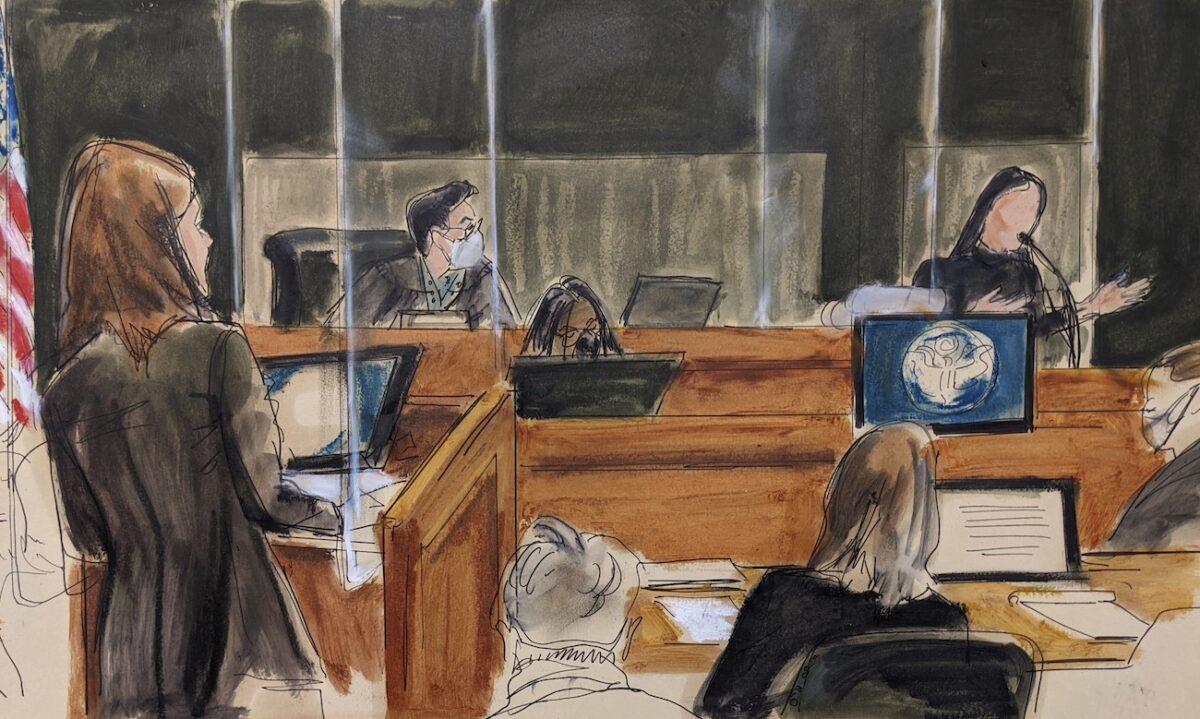 In this courtroom sketch, assistant U.S. attorney Alison Moe questions an unidentified victim “Jane” about her experiences with Jeffery Epstein and Ghislaine Maxwell, in New York, on Nov. 30, 2021.
