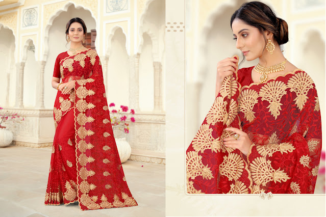 Red Color Soft Net With Inner Fabric 2.5 Mtr.Heavy Resham Embroidery Work Saree