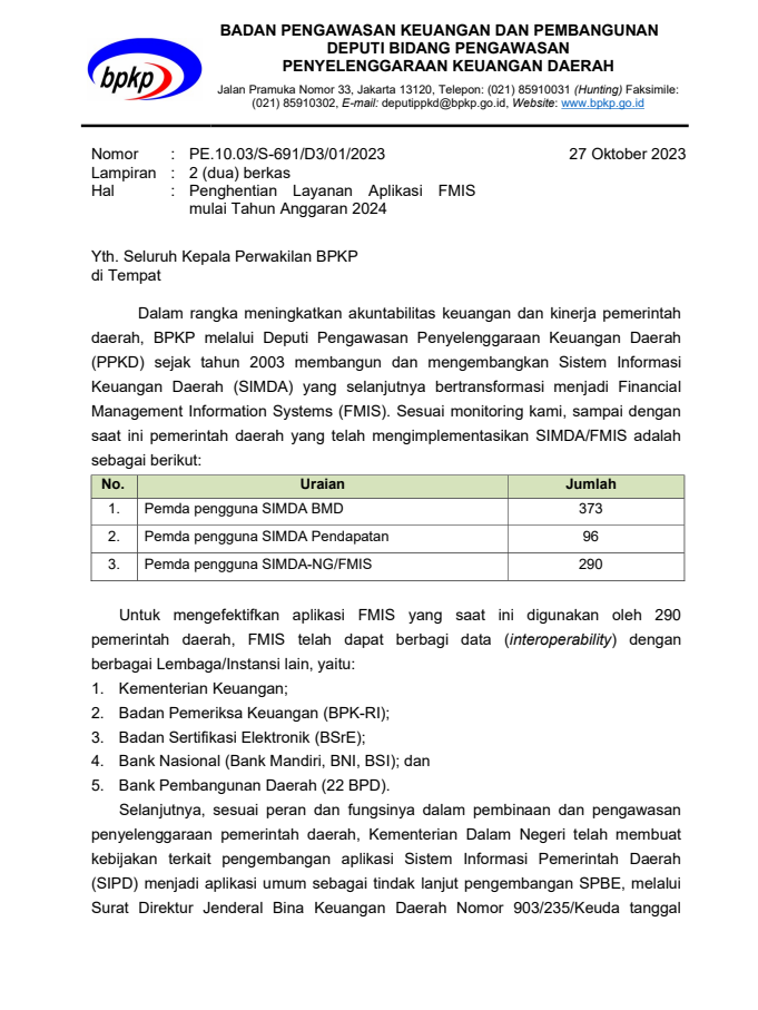 Surat BPKP terkait Penghentian Layanan Aplikasi FMIS di Tahun 2024