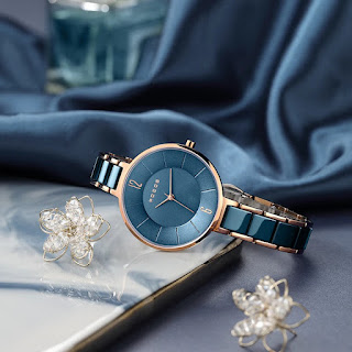 ROCOS Ceramic Quartz 3D Concave Blue Dial Modern Simple Fashion Waterproof Small Slim Dress Women's Wristwatch