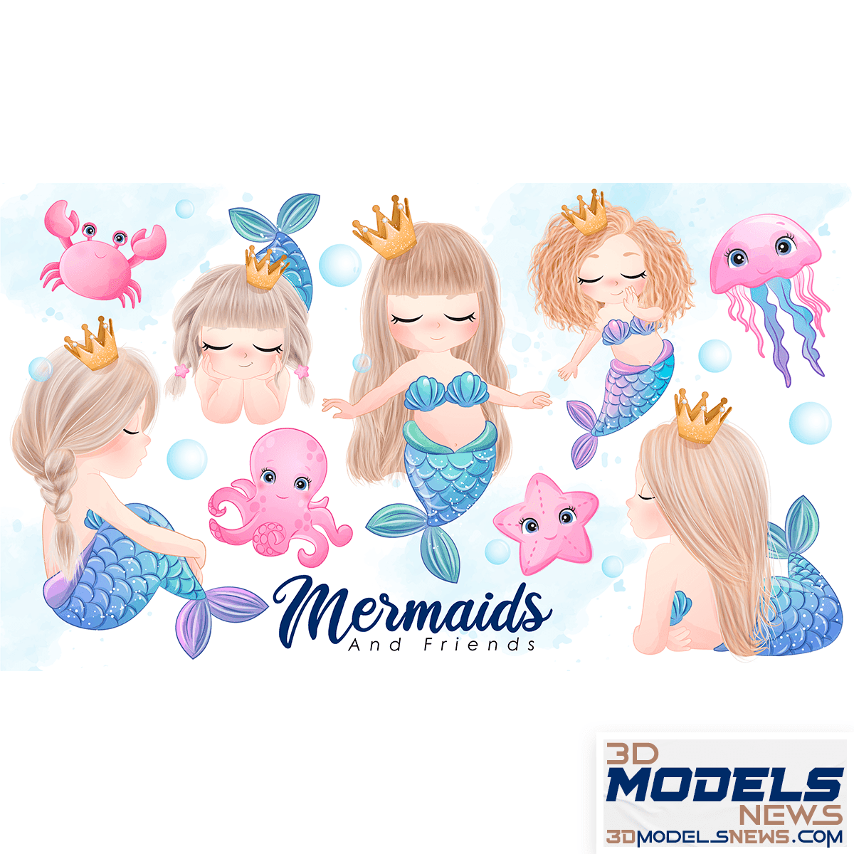 Cute doodle mermaid and friends with watercolor illustration set
