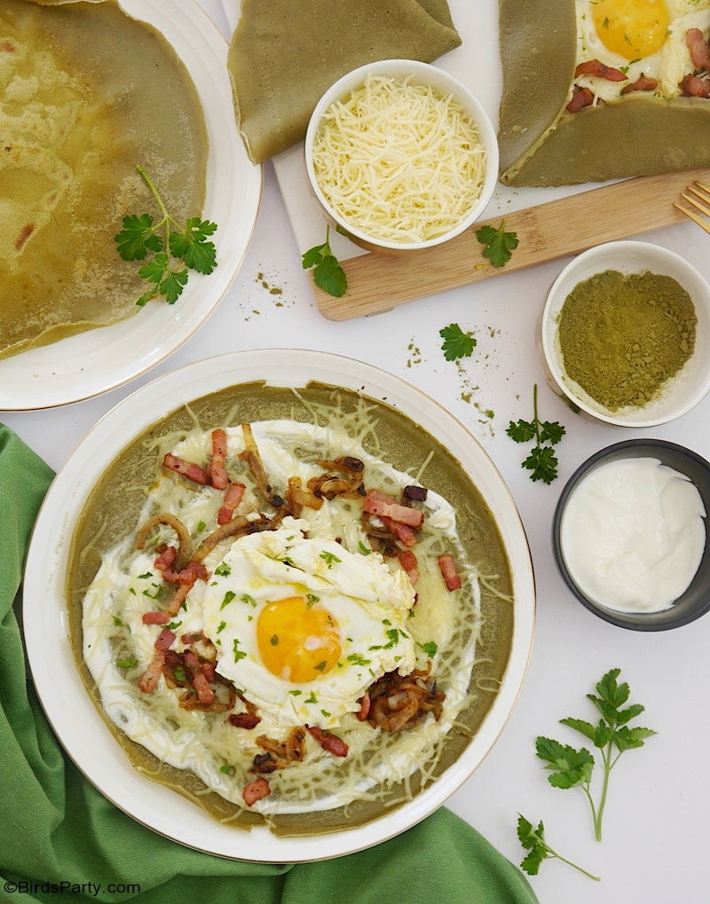 Matcha Green Tea Savory Pancakes - quick, easy, healthy French crepes to make for breakfast, brunch, snack or your St Patrick's Day celebrations! by BirdsParty.com @BirdsParty #matchagreentea #greentea #pancakes #greenpancakes #greenfood #greenrecipes #crepes #frenchcrepes #frenchfood #savorypancakes #matchapancakes #matcharecipes #stpatricksday #saintpatricksday