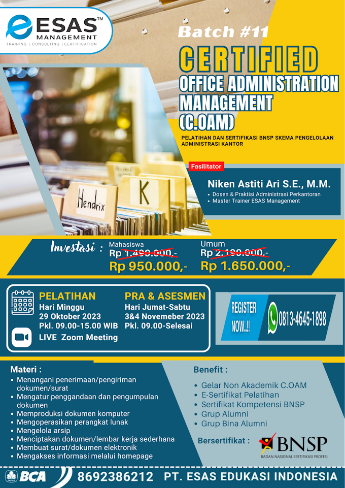 WA.0813-4645-1898 | Certified Office Administration Management (C.OAM), Sertifikasi BNSP RI Pengelolaan Administrasi Kantor 29 Oktober 2023