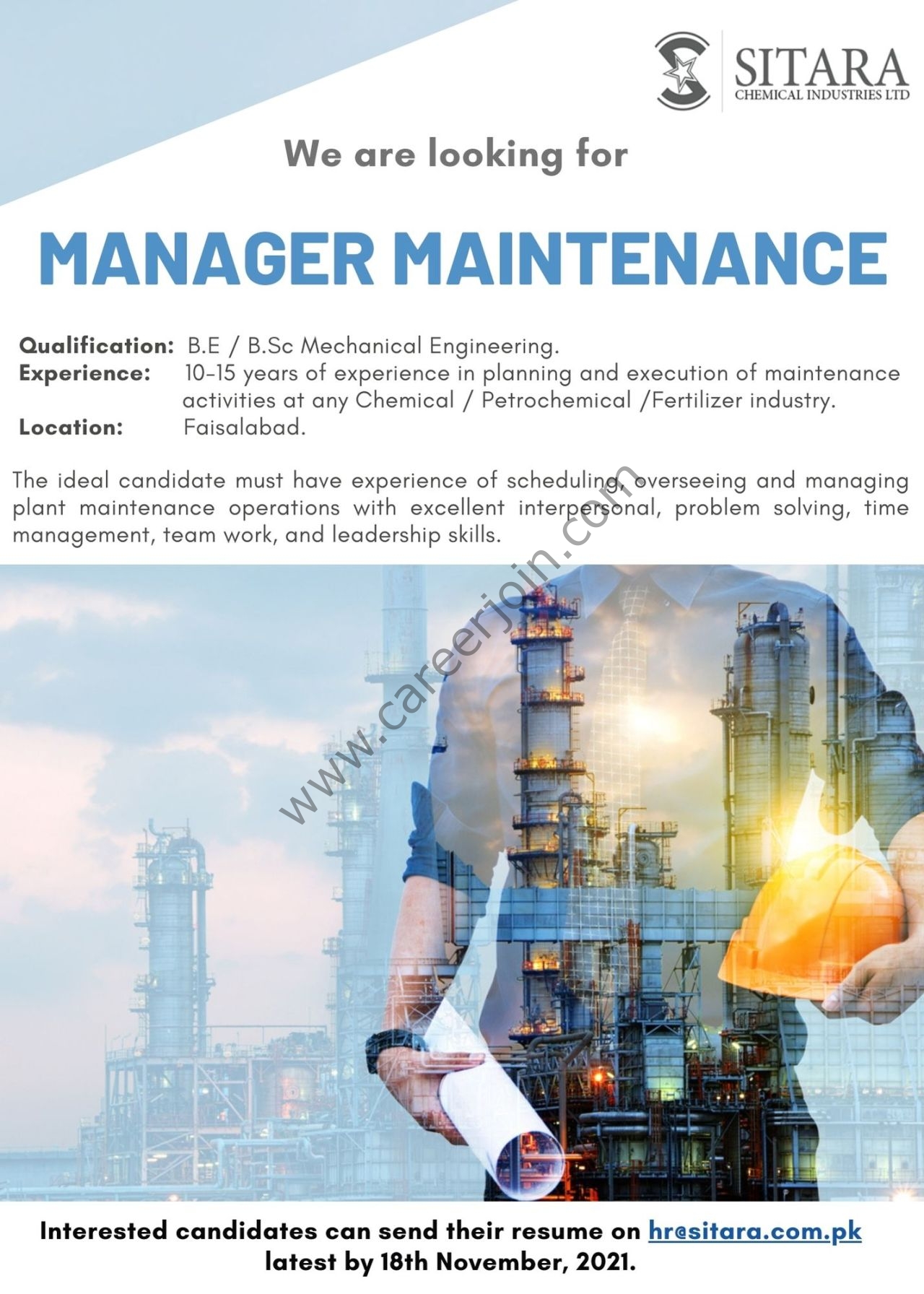 Sitara Chemical Industries Ltd Jobs Manager Maintenance