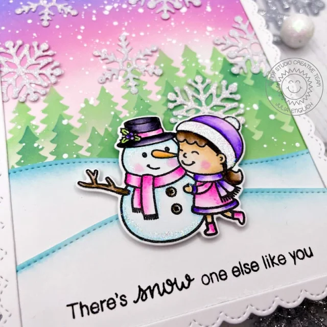 Sunny Studio Stamps: Snow One Like You Card with Video Tutorial by Julia Englich (using Forest Trees Stencils, Lacy Snowflake Dies & Slimline Nature Border Dies)