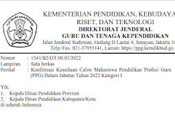 Informasi GTK, Konfirmasi Kesediaan Calon Mahasiswa Pendidikan Profesi Guru Kategori I Tahun 2022