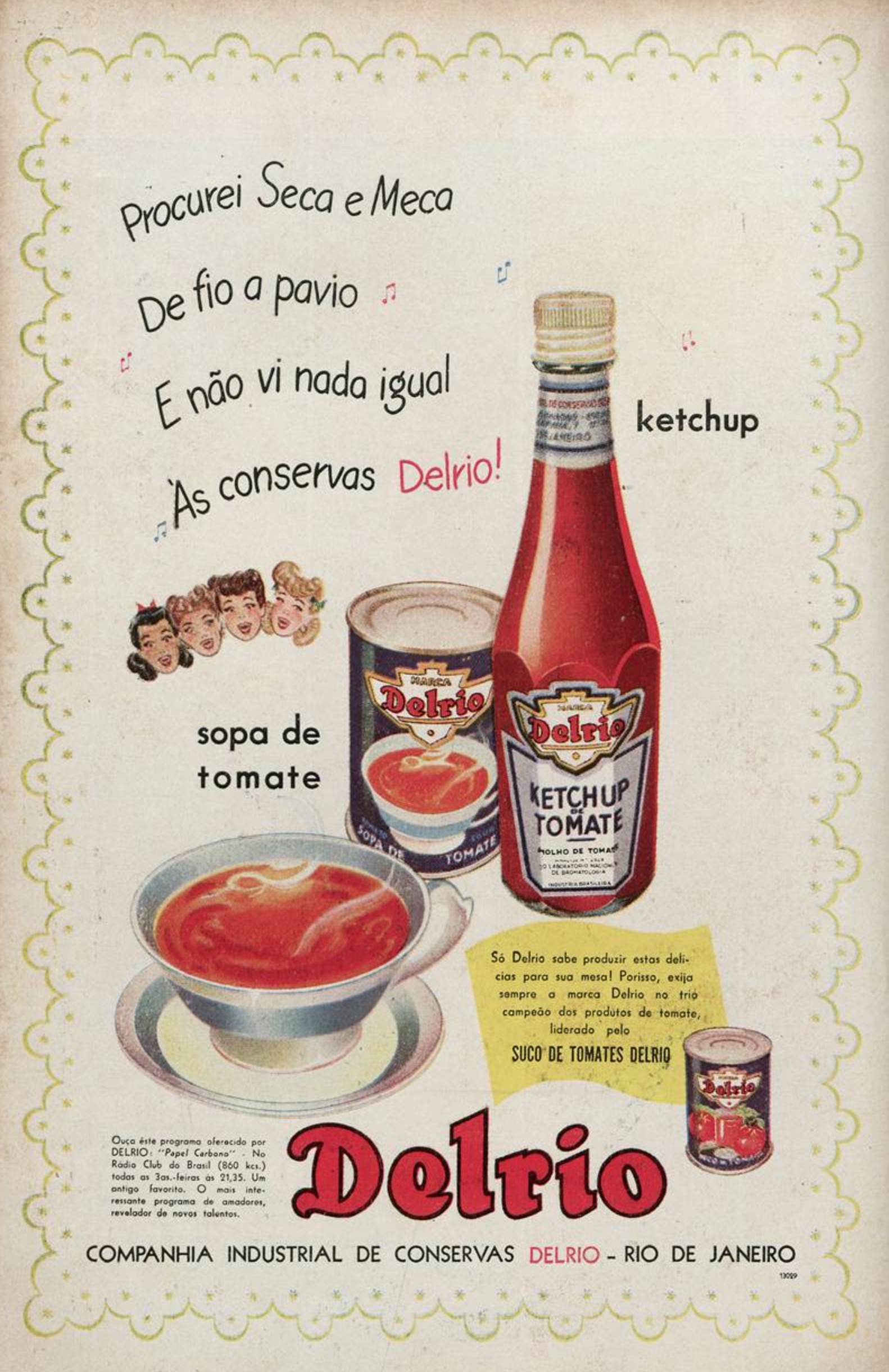 Anúncio de 1945 apresentando as conservas de tomate da marca Delrio