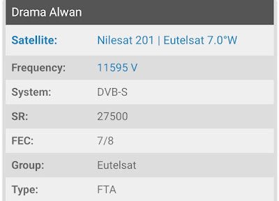 Fréquence de Drama Alwan, une chaîne de télévision qui diffuse sur Nilesat 2012 et EutelSat 7.0° W