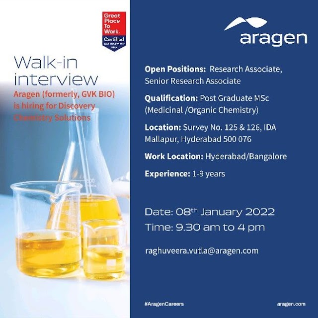 Aragen Life Sciences | Walk-in interview for Discovery chemistry on 8th Jan 2022