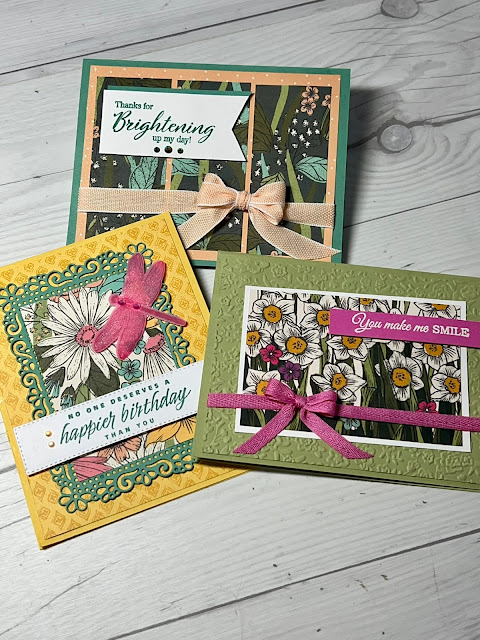 Three floral greeting cards using papers from the Stampin' Up! Daffodil Afternoon Designer Series Papers