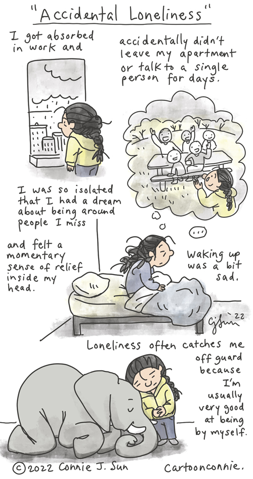 4-panel borderless comic of a girl with a braid, going too long without social interaction. In panel 1, she is looking out the window at a cityscape on a dreary day. Panel 2 is a bubble of a dream of being among friendly faces, which blends into panel 3, where she wakes up from the dream, alone in a bed. Captions read: "I got absorbed in work and accidentally didn't leave my apartment or talk to a single person for days. I was so isolated that I had a dream about being around people that I miss and felt a momentary sense of relief inside my head...Waking up was a bit sad. Loneliness often catches me off guard because I'm usually very good at being by myself." Autobio webcomic by Connie Sun, cartoonconnie