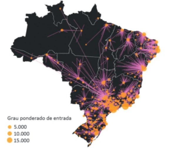 Mapa - Fluxo de pacientes com câncer de mama para internações no Brasil (2014-2016)