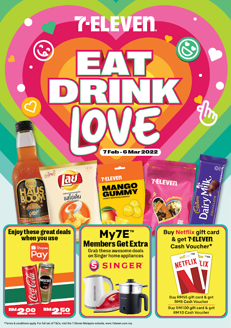 Celebrate the Month of Love with 7-Eleven   In conjunction with the month of love, 7-Eleven is having EAT, DRINK, LOVE amazing deals from now till March 6, 2022.   It’s never too late to grab yourself snacks and beverages at discounted prices and enjoy up to 30% off with their JOM PWP deals, RM5 COMBO promotions and other exclusive products, while stocks last. What’s more, don’t forget to enjoy their refreshing soft serve for only RM1.90!   Running out of gift ideas in the month of love? We’ve got you covered! You’ll never go wrong when you grab your loved ones (or even for yourself) pink-themed snacks and beverages at 7-Eleven stores.  And better yet, My7E™ App members get to enjoy a FREE cup of Slurpee of any size for every six cups purchased through 7REWARDS. Hurry up! Download the My7E™ app on Google Play Store or App Store today to make sure you don’t miss out on special member-price and amazing in-app deals.  Promotion is available in Peninsular Malaysia only. For more information, please visit www.7eleven.com.my or its official social media pages at 7ElevenMalaysia.