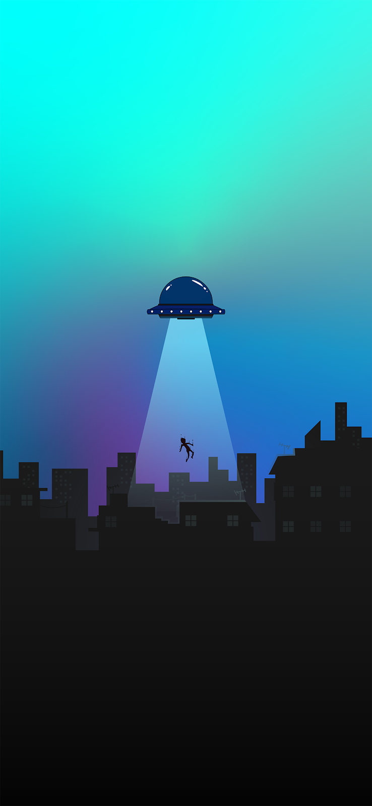 A minimalist iPhone wallpaper depicting a UFO abducting a person from a city skyline against a vibrant blue and purple gradient sky.