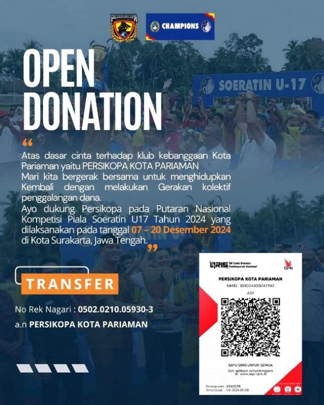 Pj Wali Kota Pariaman Ajak Masyarakat Minangkabau dan khususnya Pariaman Dukung Persikopa  di Putaran Nasional Piala Soeratin U-17 Tahun 2024
