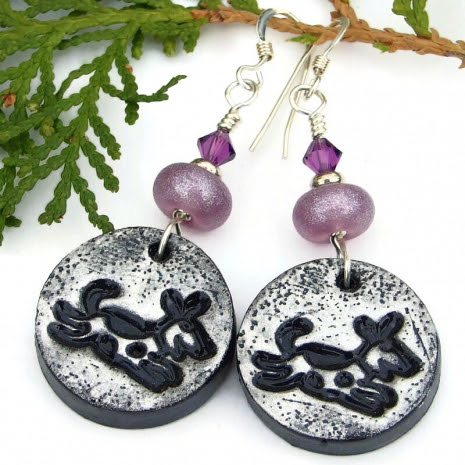 dog lover puppy earrings silver black lavender purple