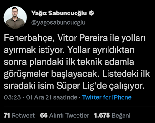 Fenerbahçe'nin teknik direktörü Vitor Pereira Gidicek mi fenabisey
