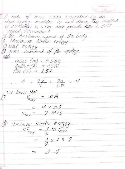 A body of mass 0.5kg suspended by an ideal spring oscillates up and down. The amplitude of oscillation is 0.5m and periodic time is 1.57 second.Determine