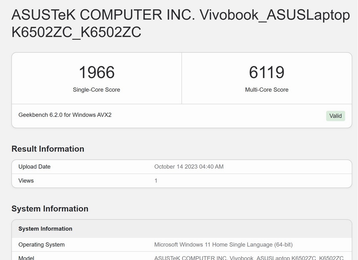 Benchmark Asus Vivobook Pro 15 OLED K6502ZC