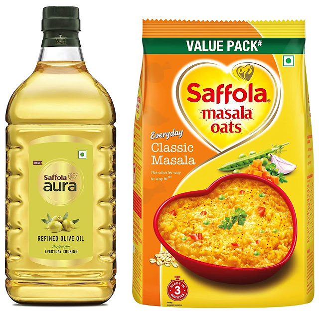 Saffola Aura Refined Olive Oil, 2ltr & Saffola Masala Oats Classic Masala - 500 gm