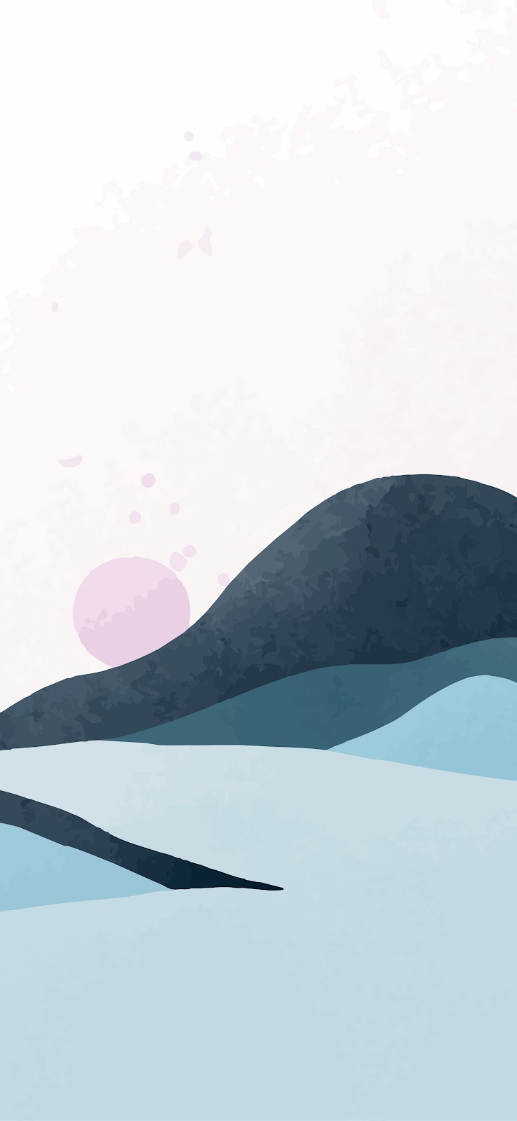 Minimalist iPhone wallpaper featuring a serene landscape with blue mountains and a pink sunset.