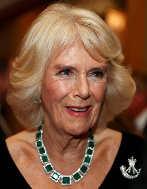 Duchess of Cornwall wore a black velvet gown, diamond brooch, and sappire diamond necklace