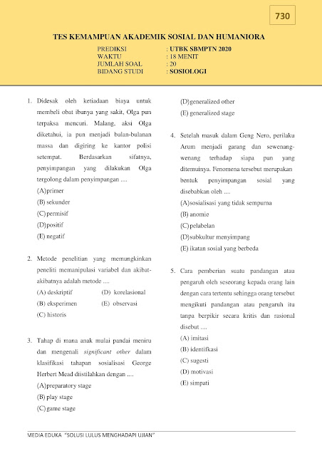 Contoh Soal- soal UTBK 2020 PDF - Sosiologi + Jawaban