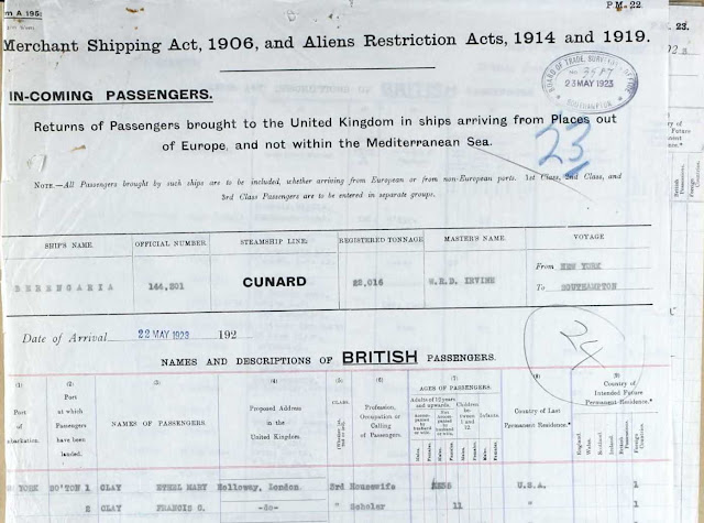 passager list Berengaria Southampton May 22 1923