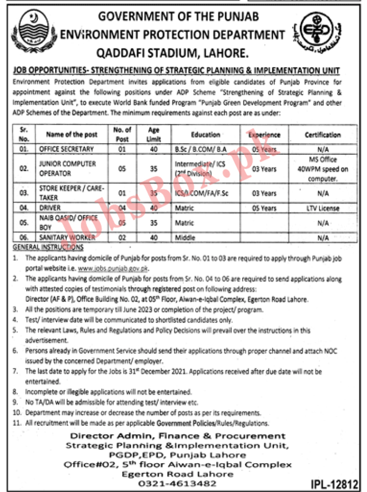 Environment Protection Department Punjab Jobs 2021 Latest