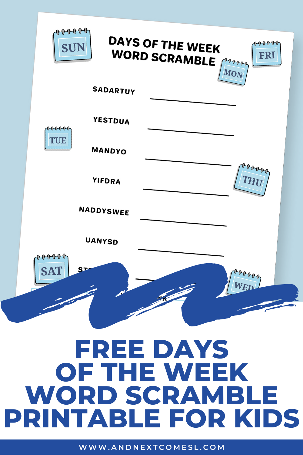 Free printable days of the week word scramble game for kids with answers