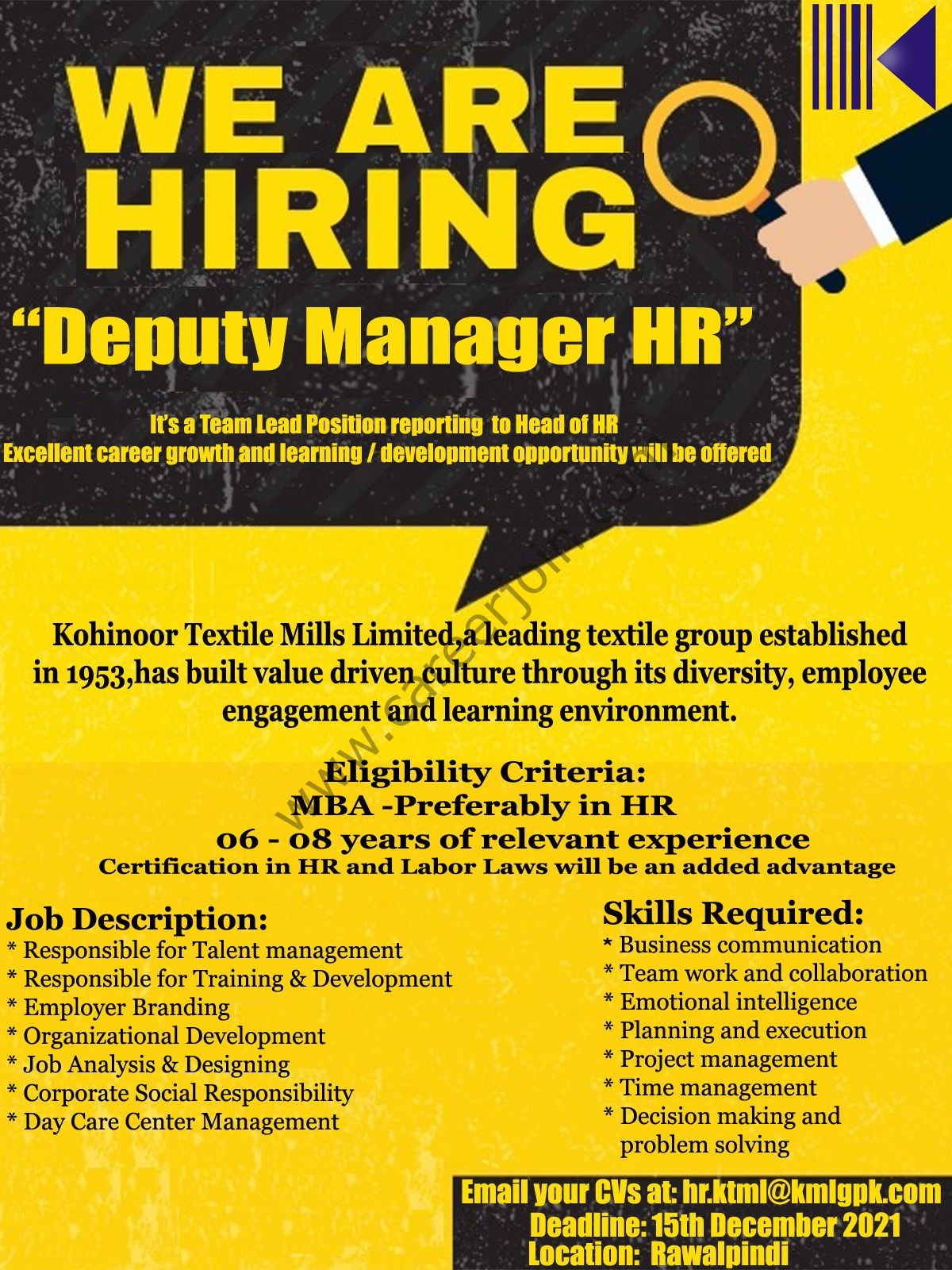 Kohinoor Textile Mills Limited Jobs Deputy Manager HR