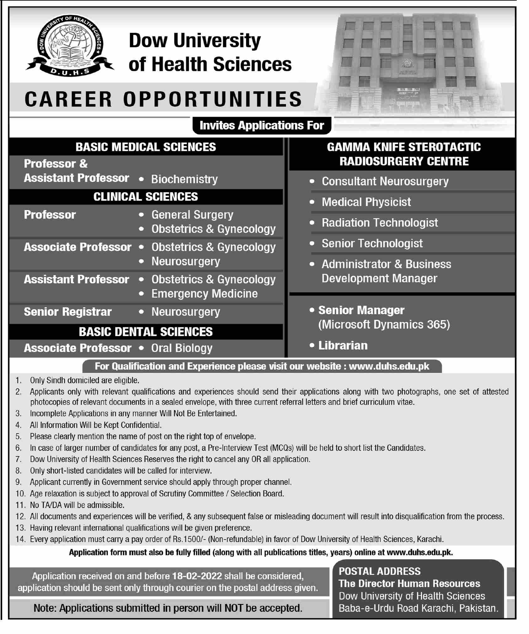 Dow University of Health Science Faculty Staff Jobs 2022 | AllsindhJobz