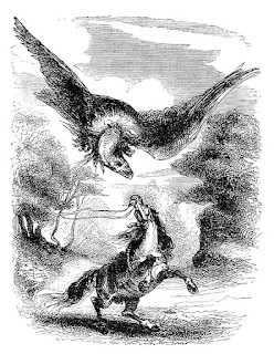 "A horse rears up in an attempt to defend itself against an enormous vulture-like bird circling above its head."