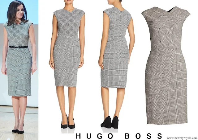 Queen Letizia wore BOSS Dechesta Glen Check Stretch Cut Cap Sleeve Sheath Dress