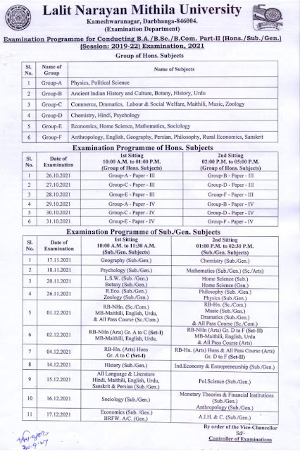 Lalit Narayan Mithila University Part 2 Time Table 2021