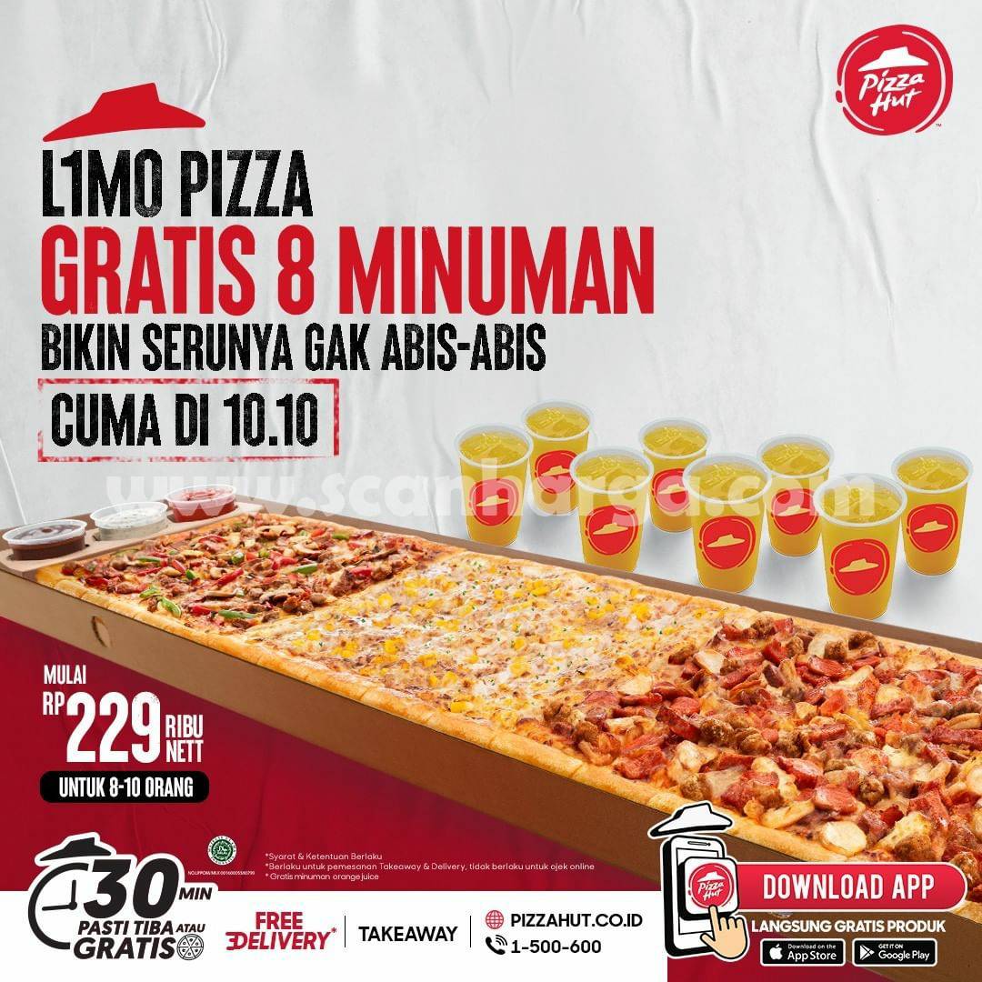 Promo PIZZA HUT 10.10 Beli LIMO PIZZA GRATIS 8 MINUMAN mulai 229 Ribu nett