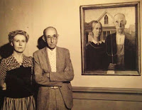 American Gothic by Grant Wood created in 1930, models as figures in painting, Nan Wood Graham and Doctor Byron McKeeby.