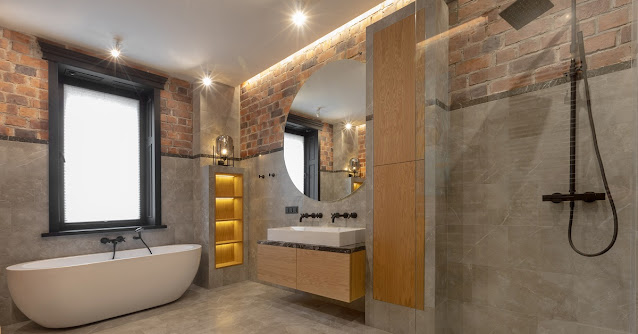 Large bathroom with wet room and natural materials.