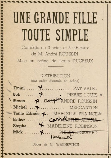 Une grande fille toute simple d'André Roussin_création avec Gérard Philipe en 1942_distribution à Lyon