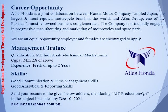 Atlas Honda Motor Company Career Opportunity |2021|