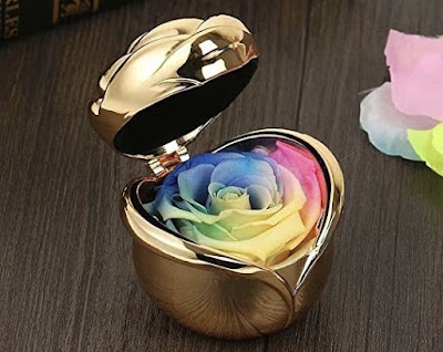 a multicolored rose in a gold hand sized case on a wood table