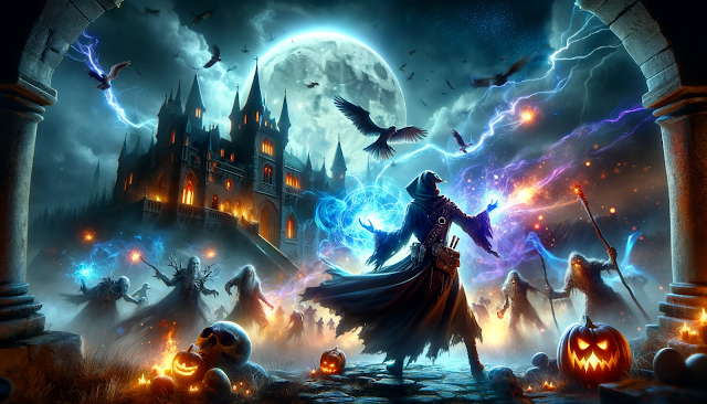 A wide and dramatic scene in Necromancer RPG showing a powerful necromancer casting spells in battle, with magical energy and a haunted castle under a moonlit sky.