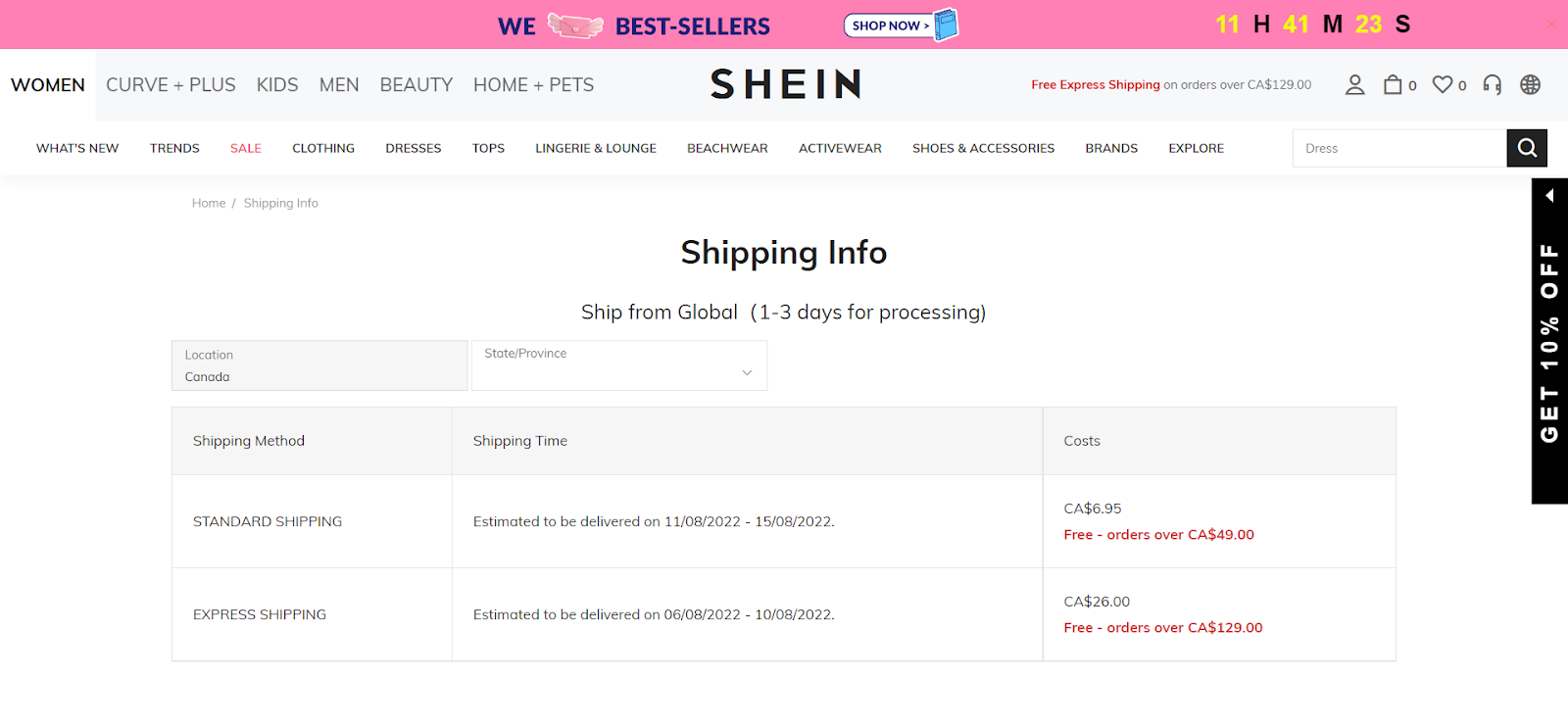 does shein ship to canada