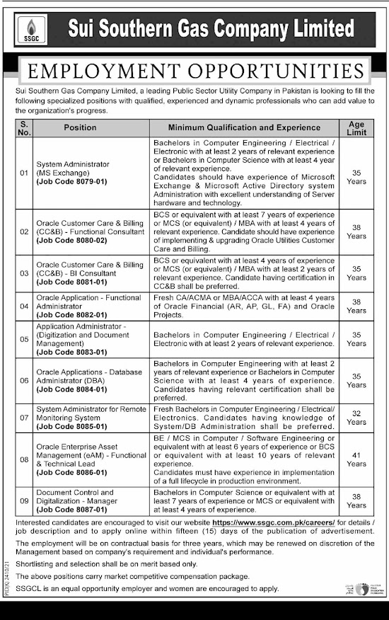 Job Ad on Feb 23, 2022, by Sui Southern Gas Company Limited