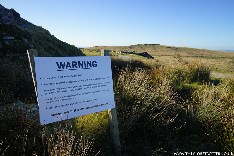 Warning board near Foggintor Quarry in Dartmoor