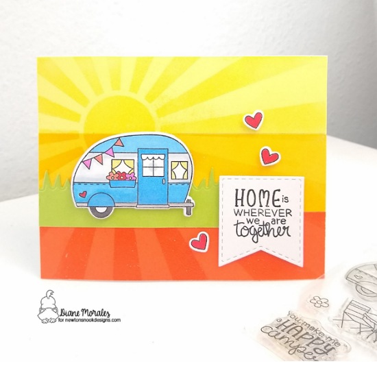 Home is wherever we go together by Diane features Sunscape, Cozy Campers, Land Borders, and Slimeline Windows & Frames by Newton's Nook Designs; #inkypaws, #newtonsnook, #cardmaking
